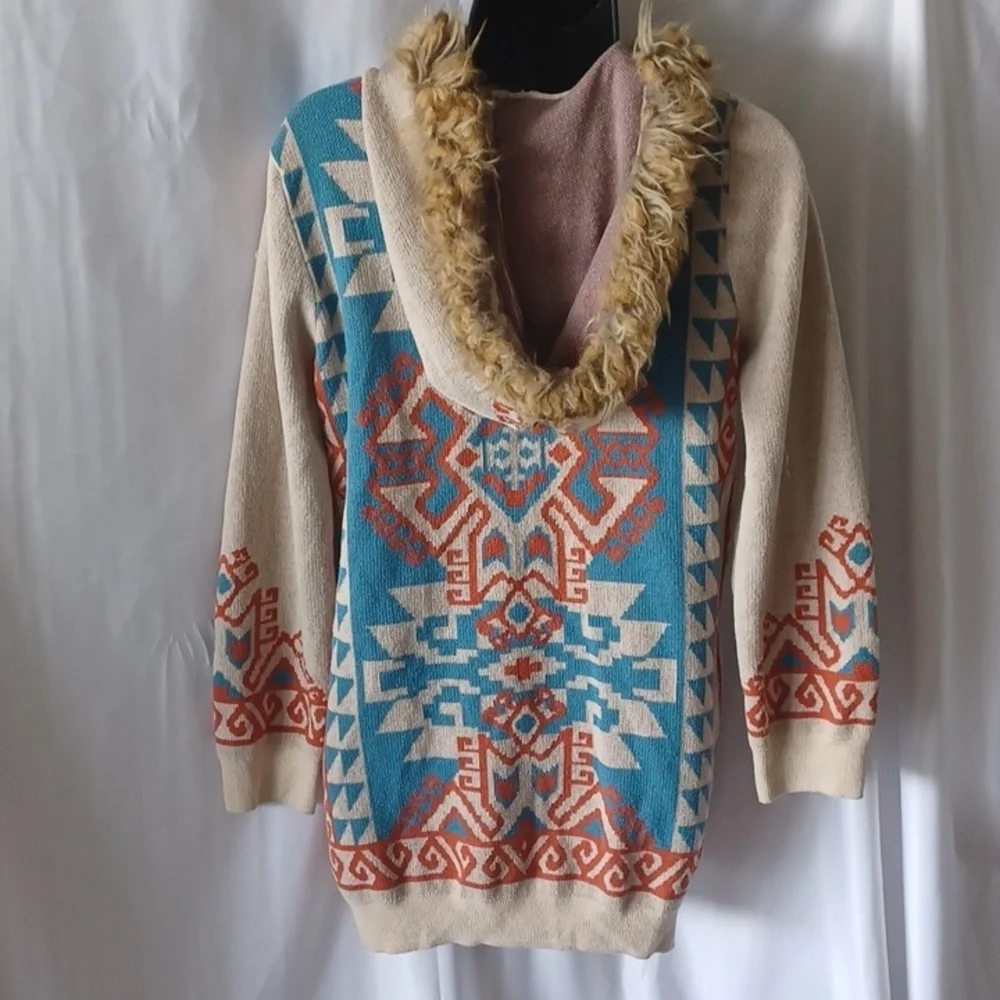 Flying Tomato Printed Knit Cardigan Size Small, turquoise, cream, orange